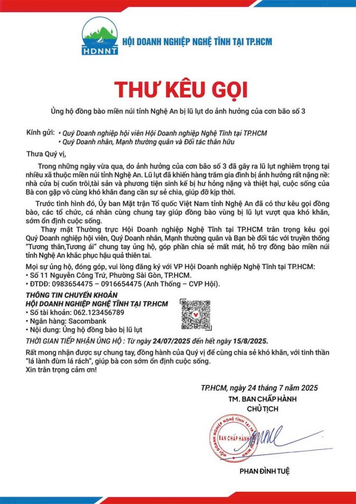 Thư kêu giọi ủng hộ đồng bào miền núi tỉnh Nghệ An bị lũ lụt do ảnh hưởng cơn báo số 03